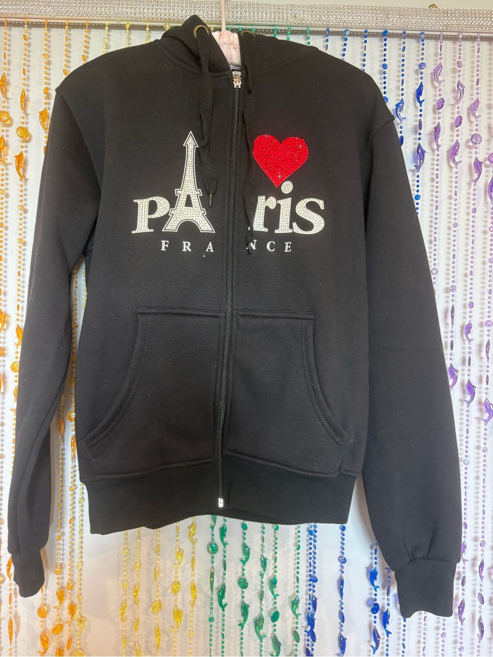Paris France Black Bedazzled Zip-Up Hoodie with Red Heart